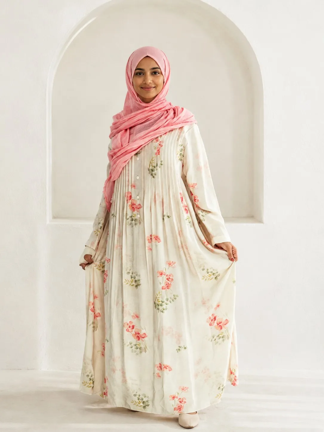Nouvelle Abaya pour femmes musulmanes 2026, imprimé floral rose, plissée, boutonnée sur le devant, coupe ample, robe maxi modeste, été